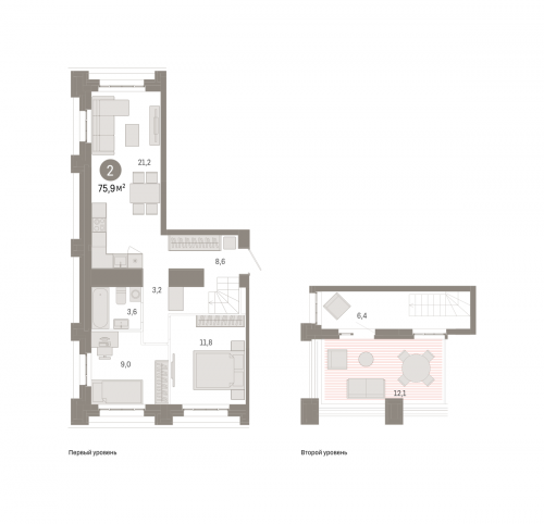 2-комнатная, квартира, 75.9 м²