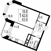 1-комнатная квартира 43,9 м²