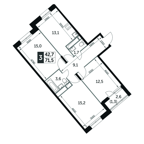 3-комнатная, квартира, 71.7 м²