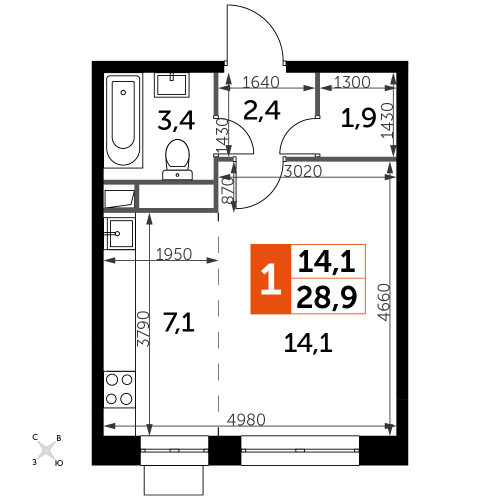 Студия, 28.9 м²