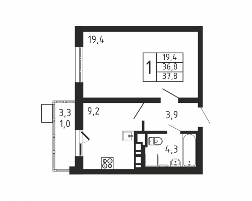 1-комнатная, квартира, 37.8 м²
