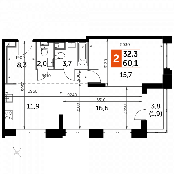 2 комнаты до 60.1