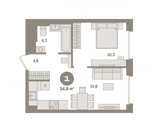 1-комнатная, квартира, 34.83 м²