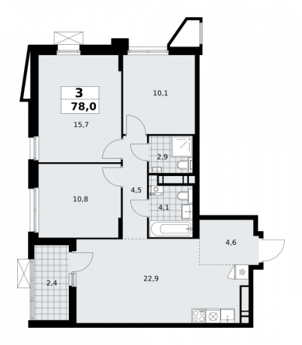 3-комнатная, 78 м²