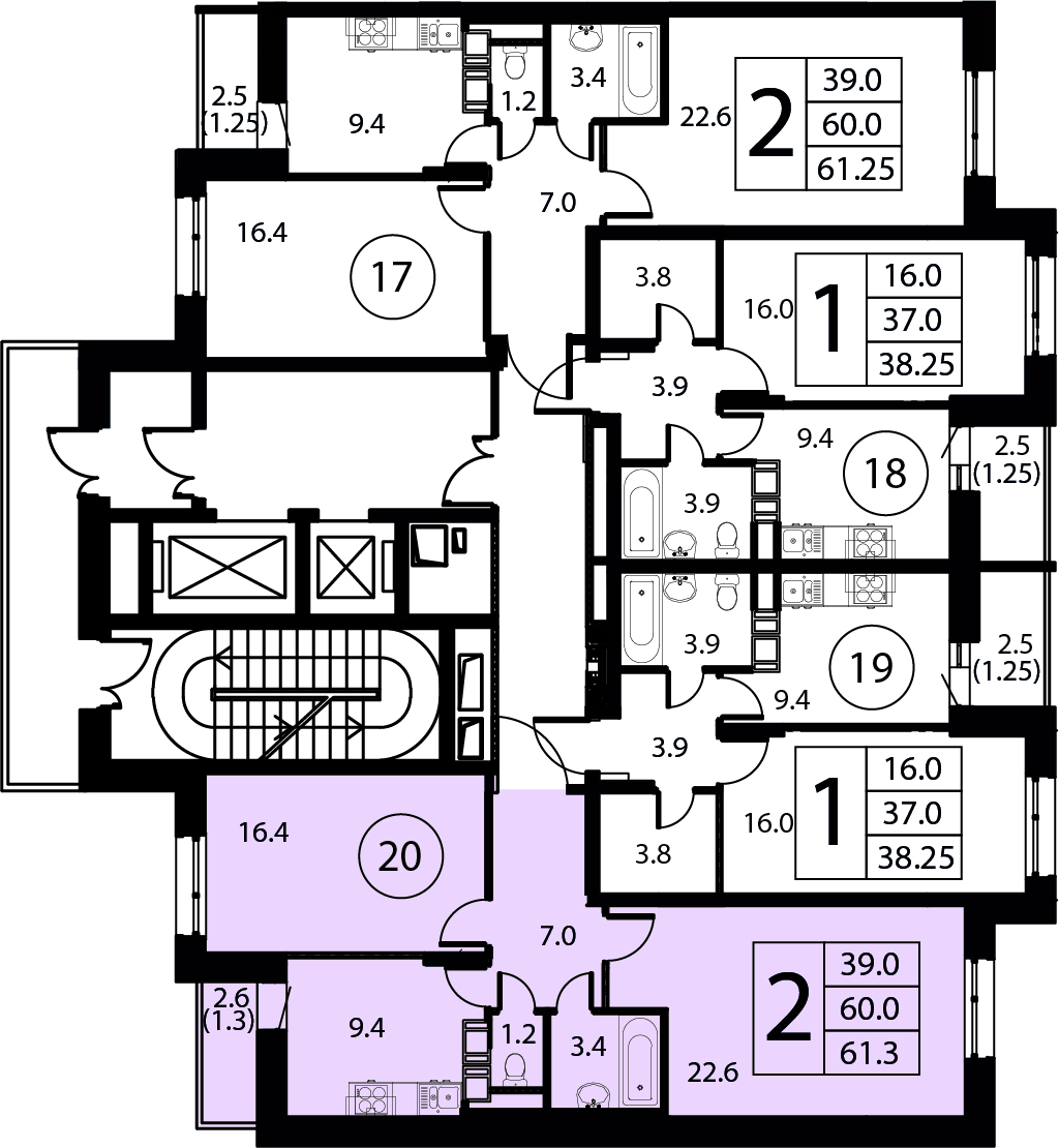2-комнатная квартира №20, 61,3 м² за 8,86 млн руб. в ЖК «Космос» - планировка