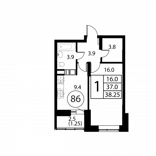 1-комнатная, квартира, 38.25 м²