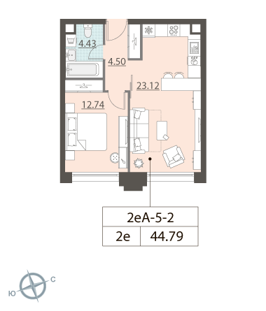 1-комнатная, квартира, 43.83 м²