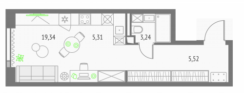 Студия, 33.41 м²