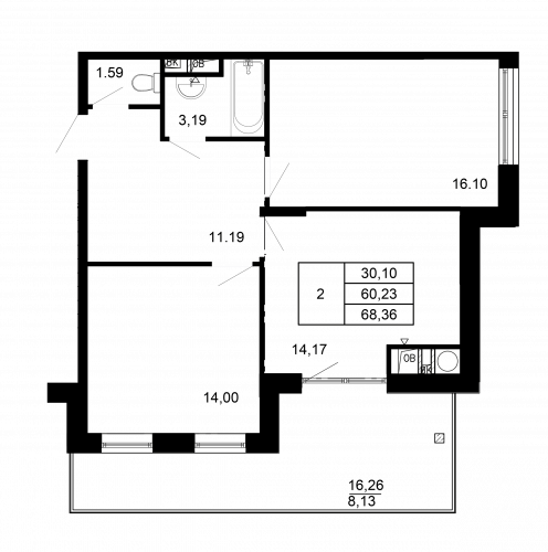 2-комнатная, квартира, 68.36 м²