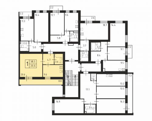 1-комнатная, квартира, 38.5 м²