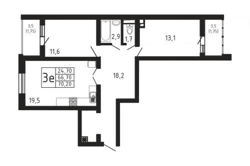 2-комнатная, квартира, 70.2 м²