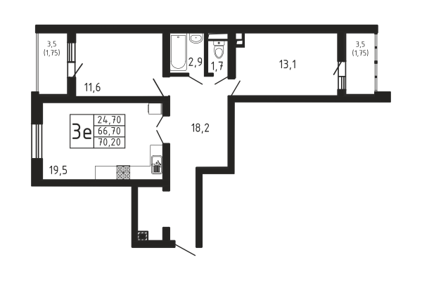 2-комнатная, квартира, 70.2 м²