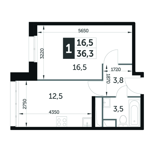 1-комнатная, квартира, 36.3 м²