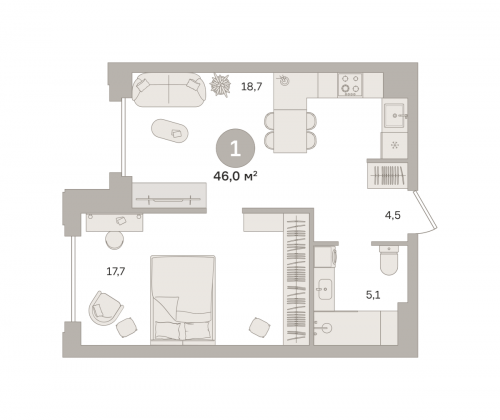 1-комнатная, квартира, 45.5 м²