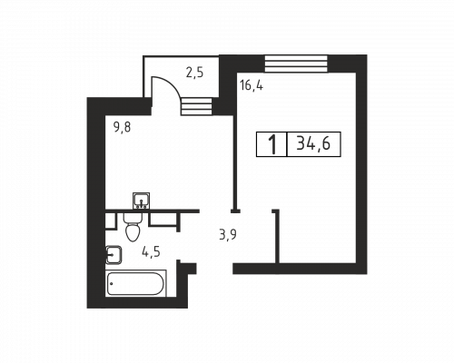 1-комнатная, 34.6 м²