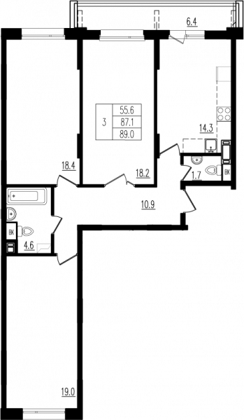 3 комнаты до 89.1