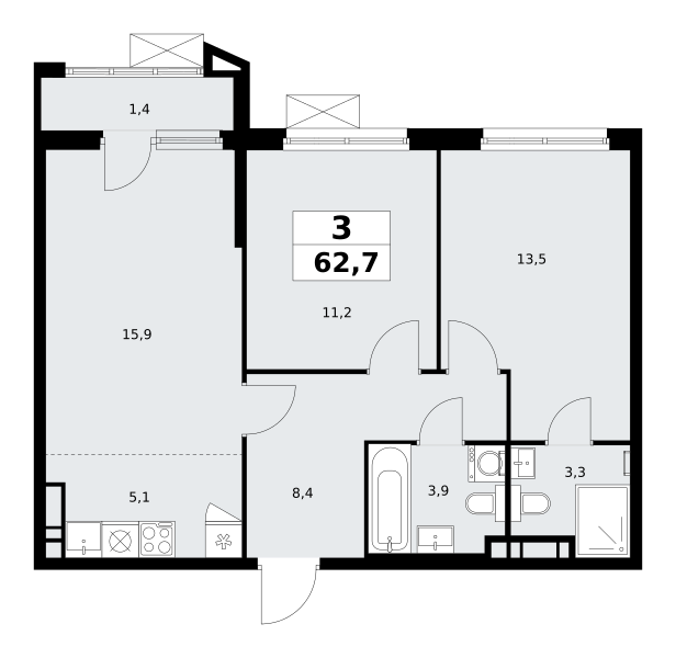 3-комнатная квартира №58К-7.1.1-97, 62,7 м² за 16,87 млн руб. в ЖК «Прокшино» - планировка