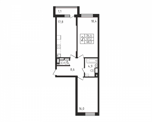 2-комнатная, квартира, 68.3 м²