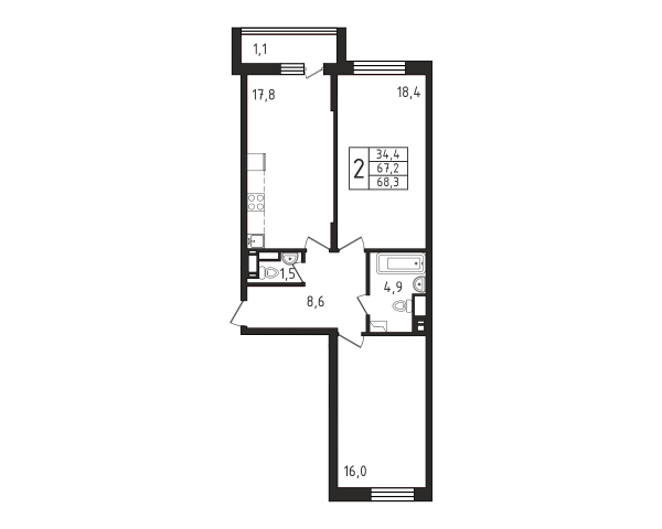 2 комнаты до 68.3
