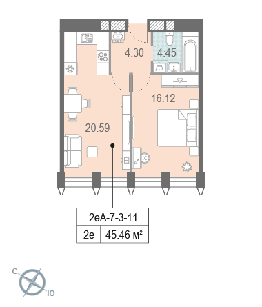 1-комнатная, квартира, 45.46 м²