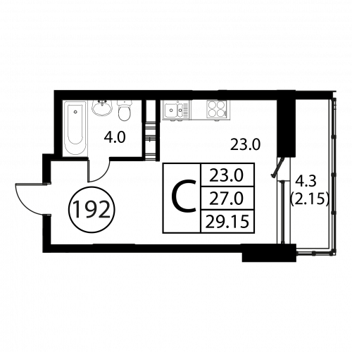 Студия, 29.15 м²