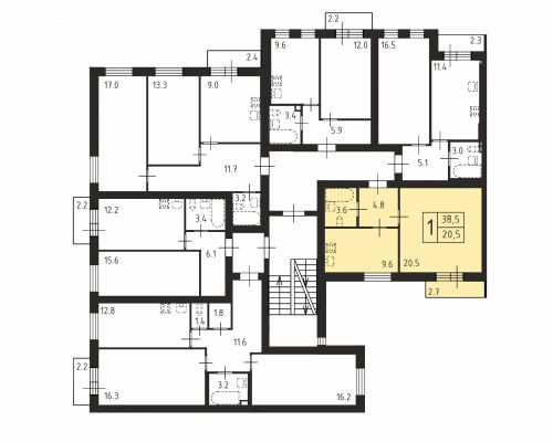 1-комнатная, квартира, 38.5 м²