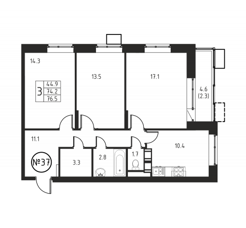 3-комнатная, квартира, 76.5 м²