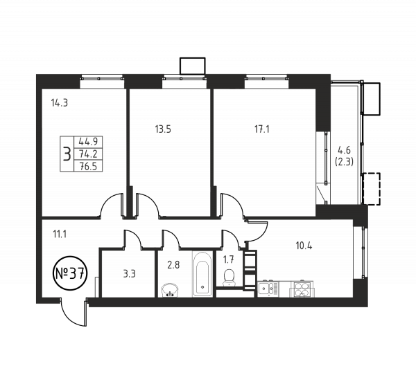 3 комнаты до 76.5