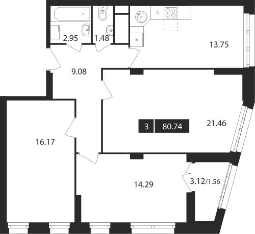 3-комнатная, квартира, 80.74 м²