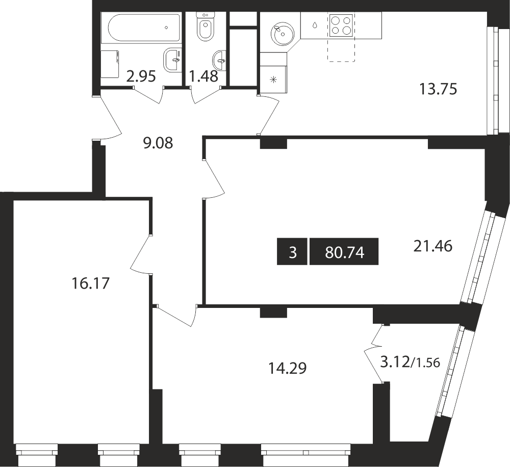 3-комнатная квартира №4, 80,7 м² за 18,61 млн руб. в ЖК «Планерный квартал» - планировка