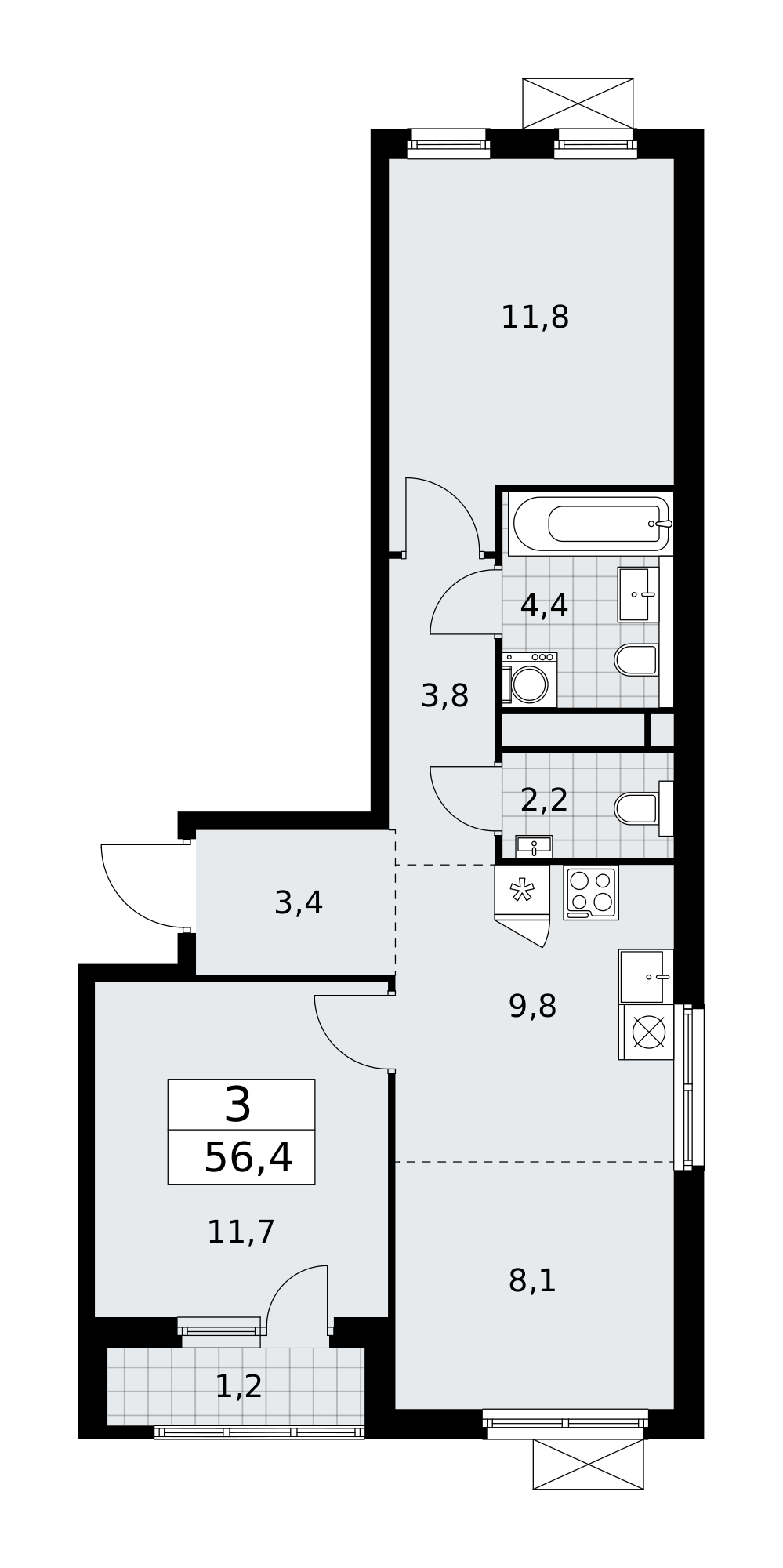 3-комнатная квартира №58К-11.2.1-276, 56,4 м² за 15,19 млн руб. в ЖК «Прокшино» - планировка