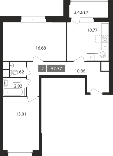2-комнатная, квартира, 57.57 м²