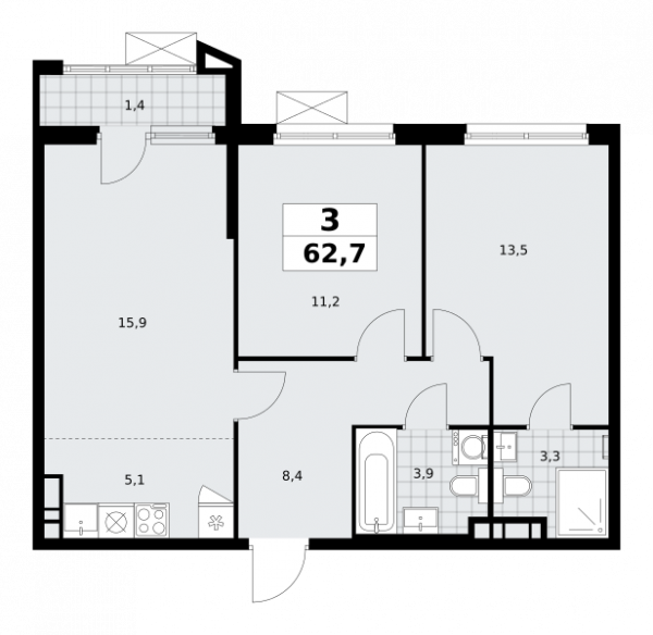 3 комнаты до 62.7