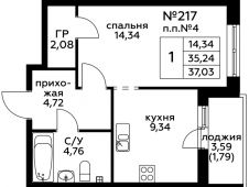 1-комнатная квартира 37,03 м²