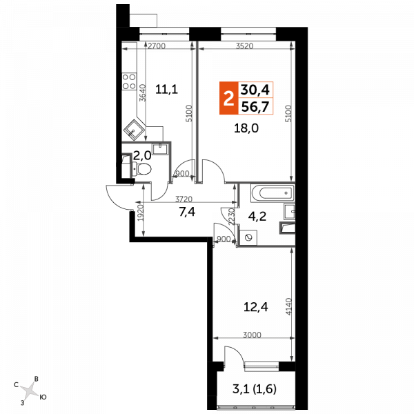 2 комнаты до 56.7