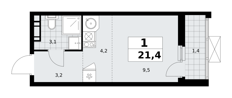 1-комнатная квартира №23К-18.1.3-272, 21,4 м² за 7,27 млн руб. в ЖК «Скандинавия» - планировка