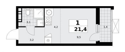 1-комнатная, 21.4 м²