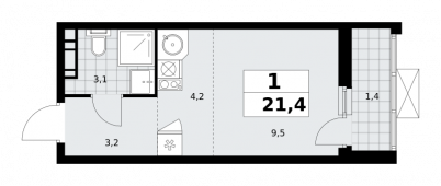 1-комнатная квартира 21,4 м²