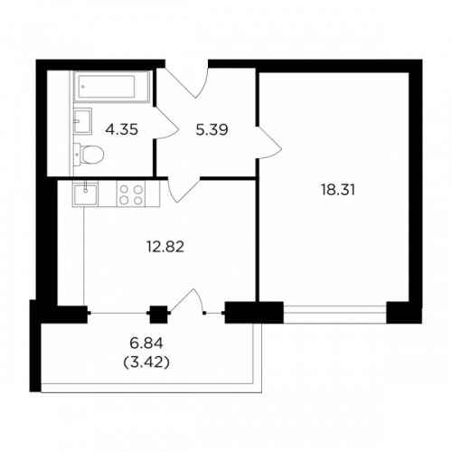 1-комнатная, 44.29 м²