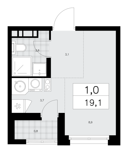 1-комнатная, 19.1 м²