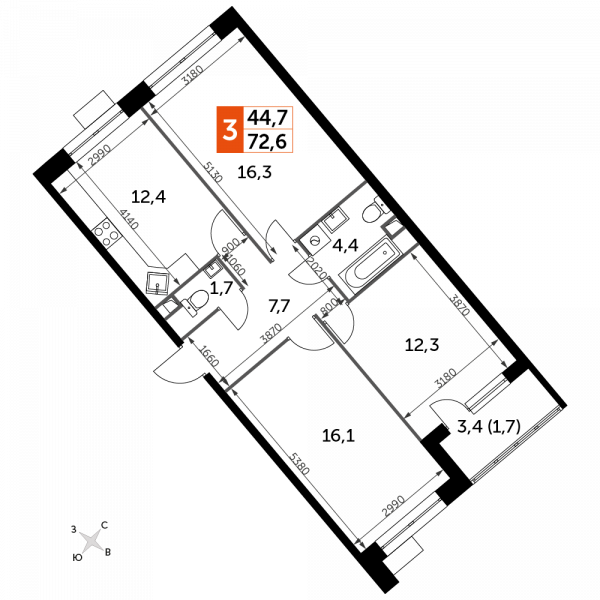 3 комнаты до 72.6