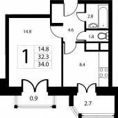 1-комнатная квартира 34 м²