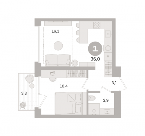 1-комнатная, квартира, 36 м²