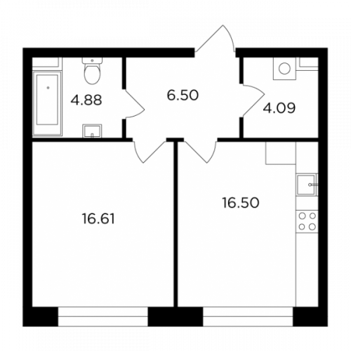 1-комнатная, 48.58 м²