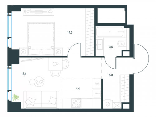 2-комнатная, 39.9 м²