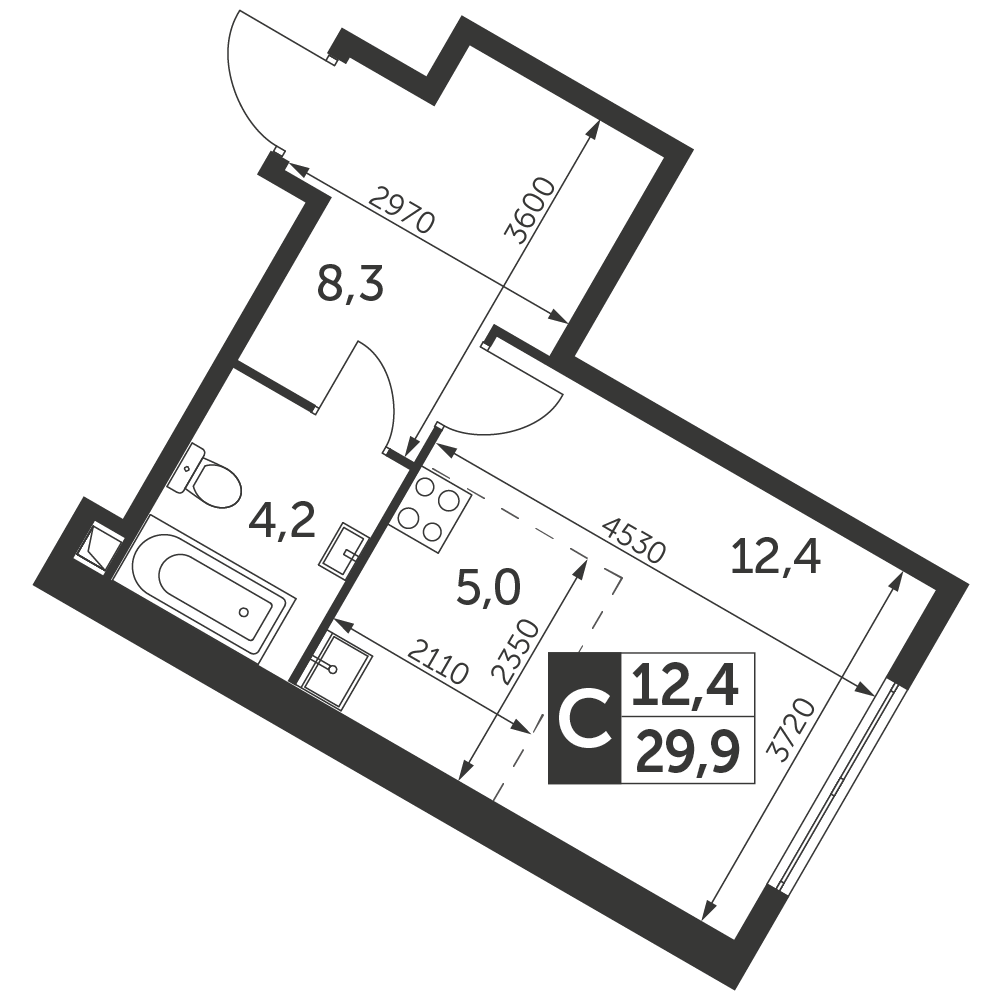 Квартира-студия №406, 29,9 м² за 17,02 млн руб. в ЖК «Архитектор» - планировка