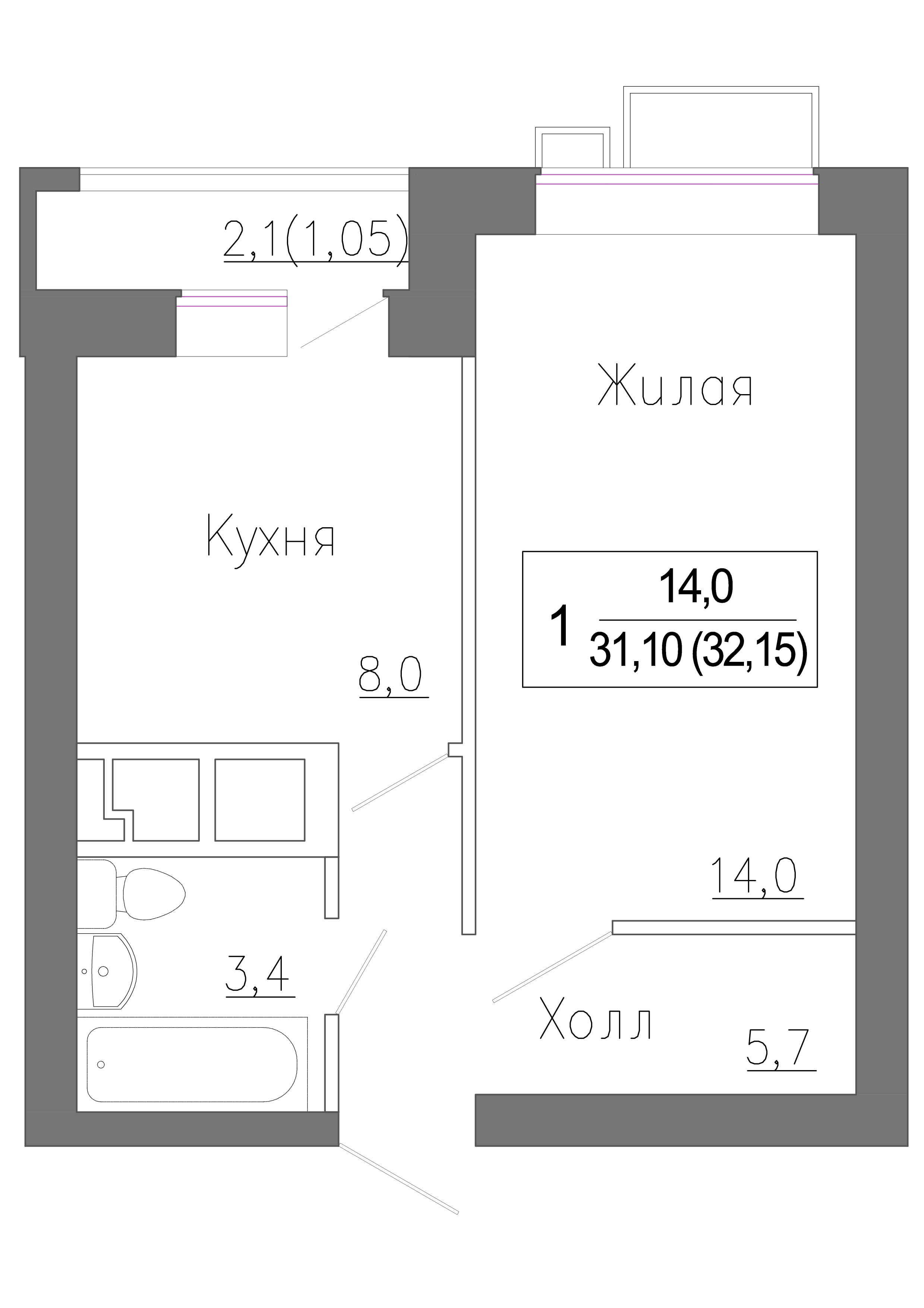 1-комнатная квартира №10178361, 32,2 м² за 6,90 млн руб. в ЖК «Новое Замитино» - планировка
