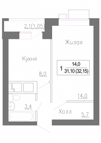1-комнатная, 32.15 м²