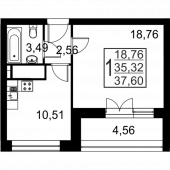 1-комнатная квартира 37,6 м²
