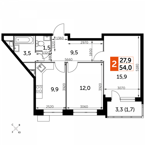 2 комнаты до 54